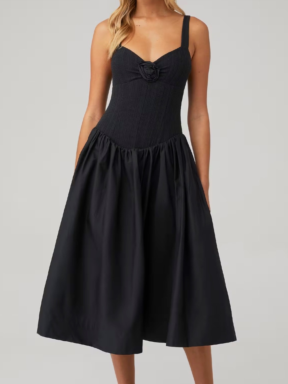 For Love & Lemons Black Midi Dress with Rose Detail